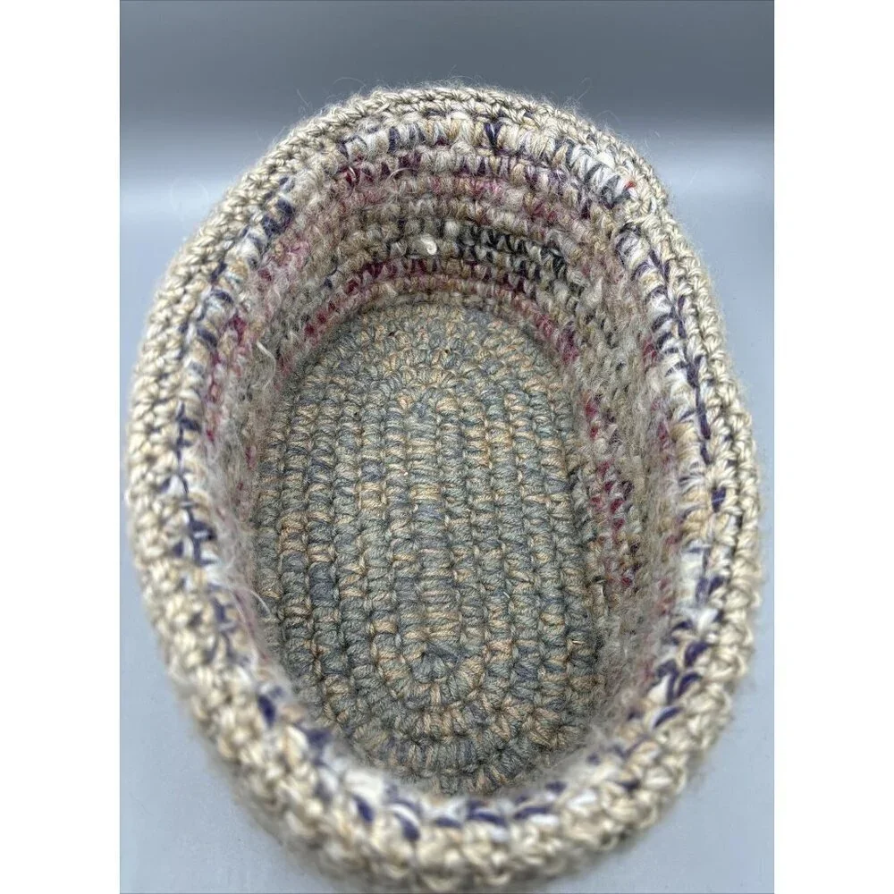 Handmade Rove Unspun‎ Wool Basket Crochet Multicolor Storage Decor 10.5 x6